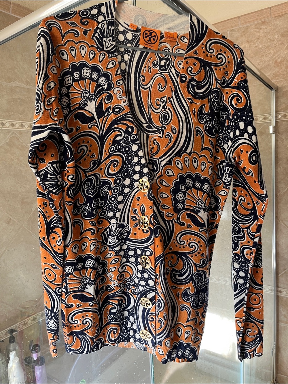 Tory Burch Orange, Navy and White Patterned Wool Cardigan